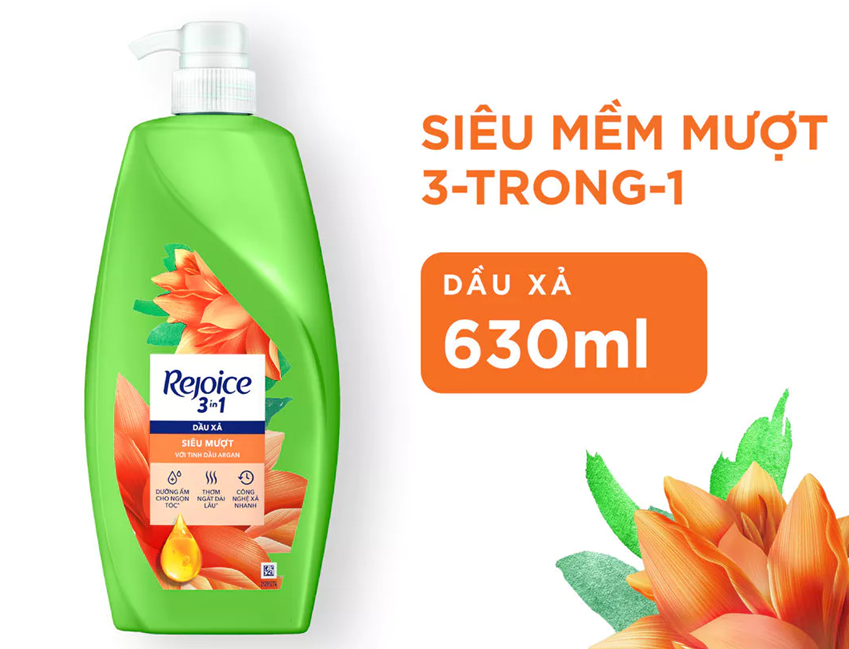  Dầu Xả Tóc REJOICE 3-Trong-1 Với Dưỡng Chất Từ Tinh Dầu Argan Siêu Mềm Mượt - Chai 630 ML 