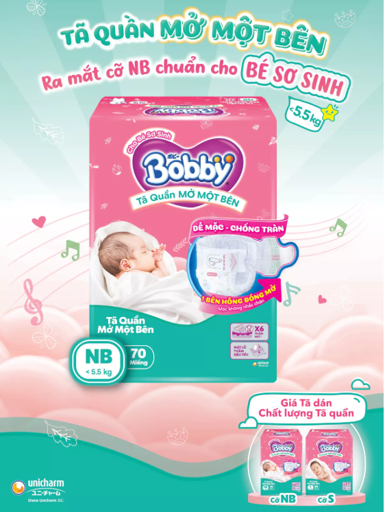  Tã quần mở một bên Bobby dành cho bé sơ sinh size NB70+6/NB-S74/S80/ S-M62 