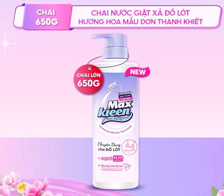  Nước Giặt Xả MaxKleen chuyên dụng cho đồ lót chai 650g Hương hoa mẫu đơn thanh khiết 