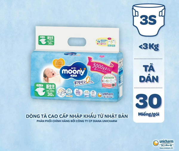  Tã dán cao cấp Moony 3S dành cho trẻ sơ sinh dưới 3 KG NB30 