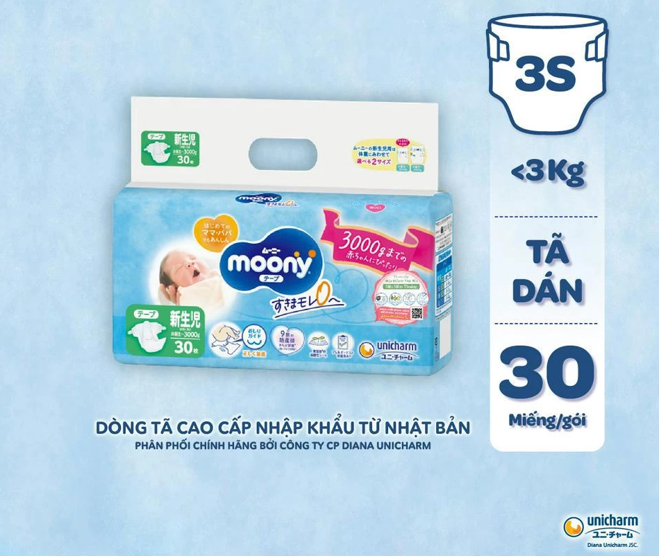  Tã dán cao cấp Moony 3S dành cho trẻ sơ sinh dưới 3 KG NB30 