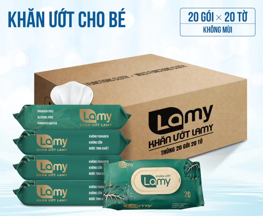  Khăn ướt Lamy gói 20 tờ không mùi không cồn không parabens cao cấp an toàn dành cho bé 