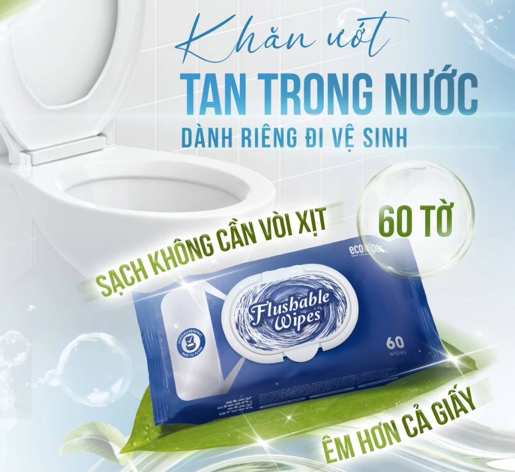  Khăn ướt đi toilet có thể xả trong bồn cầu Flushable EcoWipes gói 60 tờ hương tự nhiên 