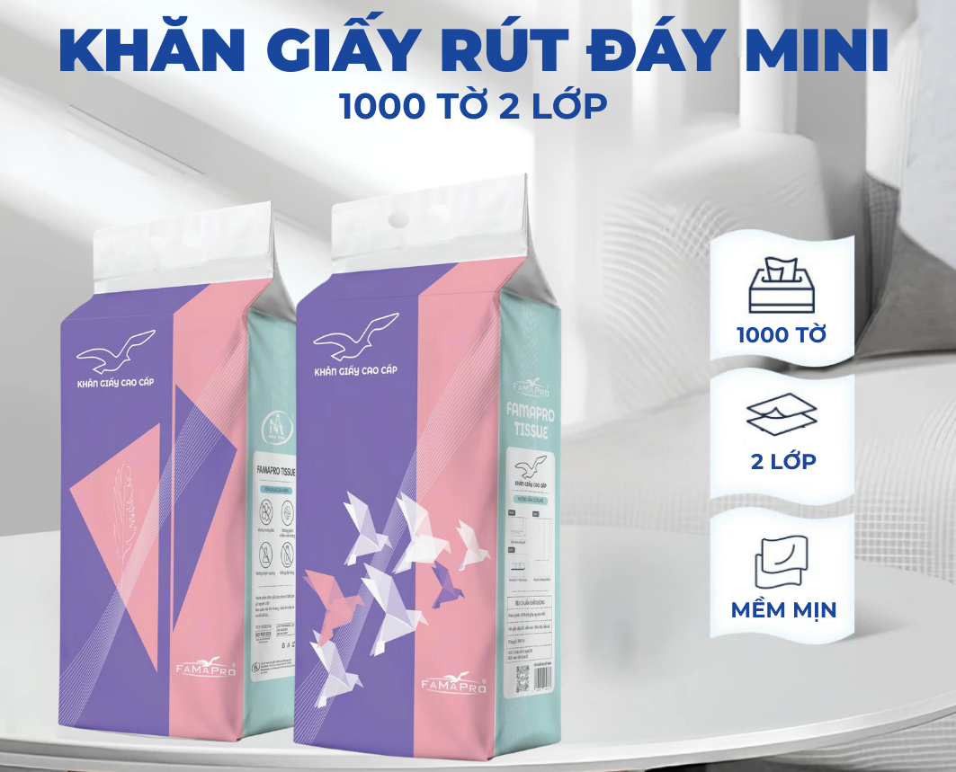  Khăn giấy rút đáy mini cao cấp Famapro Tissue 1000 tờ 