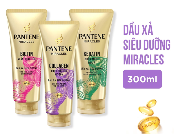  Dầu Xả Siêu Dưỡng PANTENE Miracles Ngăn Rụng Tóc Biotin/ Phục Hồi Hư Tổn Collagen/ Suôn Mượt Óng Ả Keratin - Tuýp 300ml 