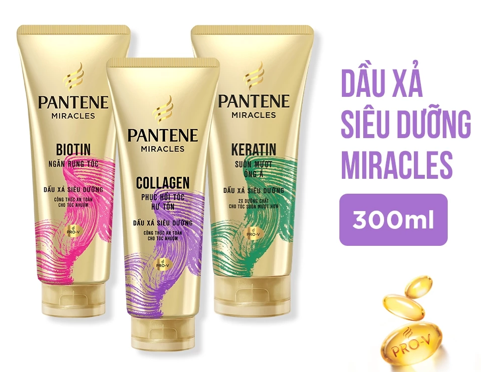  Dầu Xả Siêu Dưỡng PANTENE Miracles Ngăn Rụng Tóc Biotin/ Phục Hồi Hư Tổn Collagen/ Suôn Mượt Óng Ả Keratin - Tuýp 300ml 
