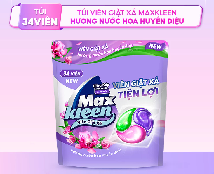  Túi Viên Giặt Xả MaxKleen Hương Nước Hoa Huyền Diệu (34 Viên) 