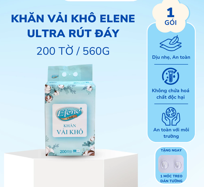  Gói 560g 200 Tờ Khăn Vải Elene Ultra Đa Năng, Dai Bền, Thấm Hút, Dịu Nhẹ Da 