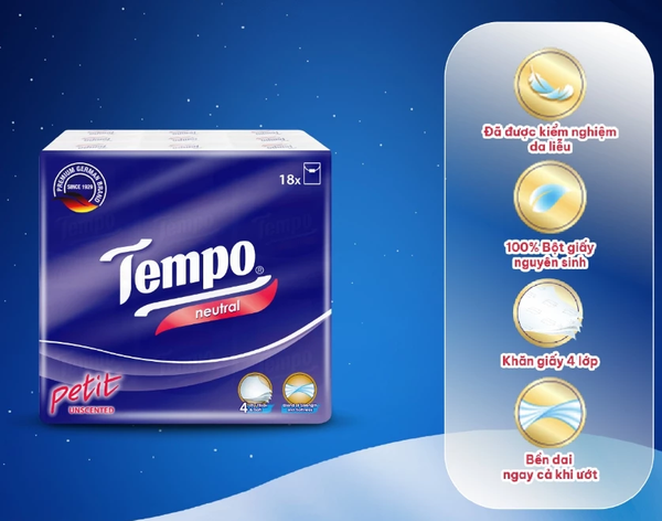  [LỐC 18 GÓI] Khăn Giấy Bỏ Túi Cao Cấp Tempo Petit - 4 Lớp Bền Dai, Được Kiểm Nghiệm Da Liễu - Thương Hiệu Đức 