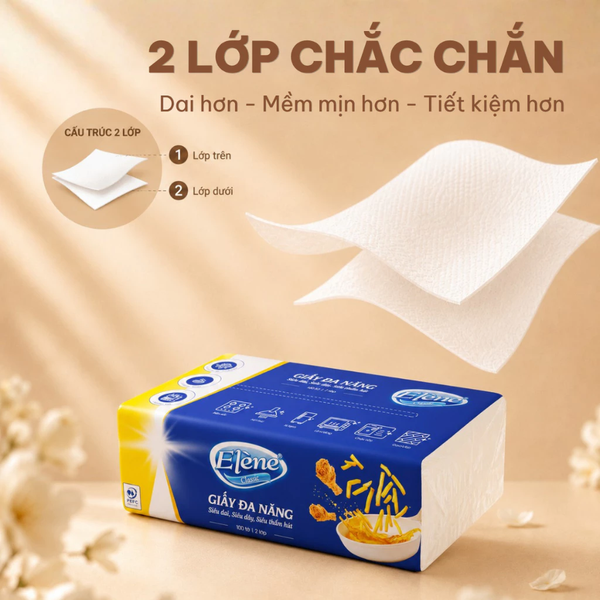  Khăn GIấy Lau Tay Đa Năng Rút Elene 100 Tờ 2 Lớp Thấm Hút Tốt, Tiện Lợi, An Toàn 