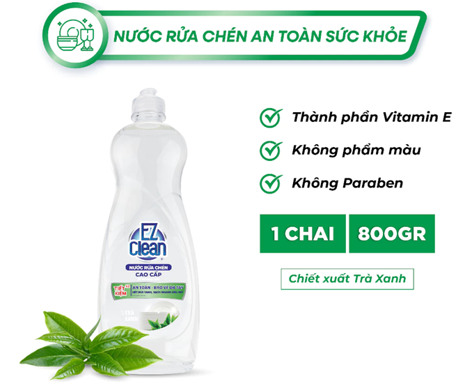  Nước Rửa Chén EZ Clean 800gr, sạch nhanh dầu mỡ, không phẩm màu, dịu nhẹ da tay, bổ sung vitamin E 