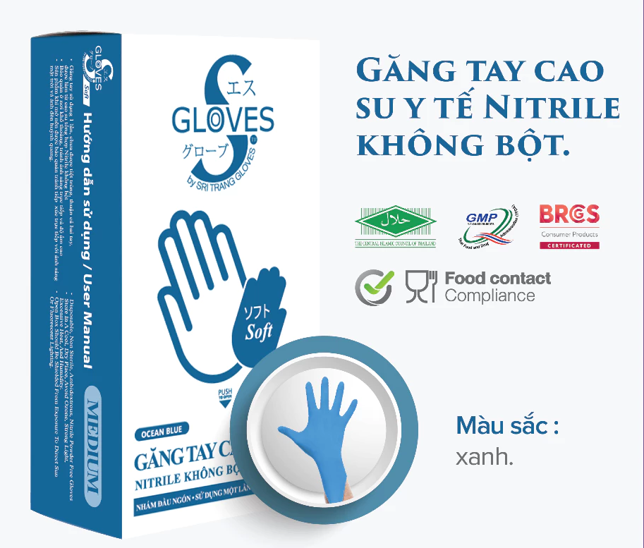  Găng tay y tế không bột MÀU XANH Sgloves NITRILE 3.5g 100 chiếc/hộp 