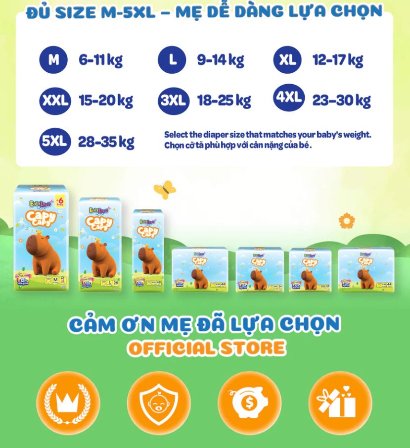  Tã quần Baby Love Capycapy - 12H Thấm hút size M66/L56/XL52/XXL48/3XL34/4XL30/5XL26 