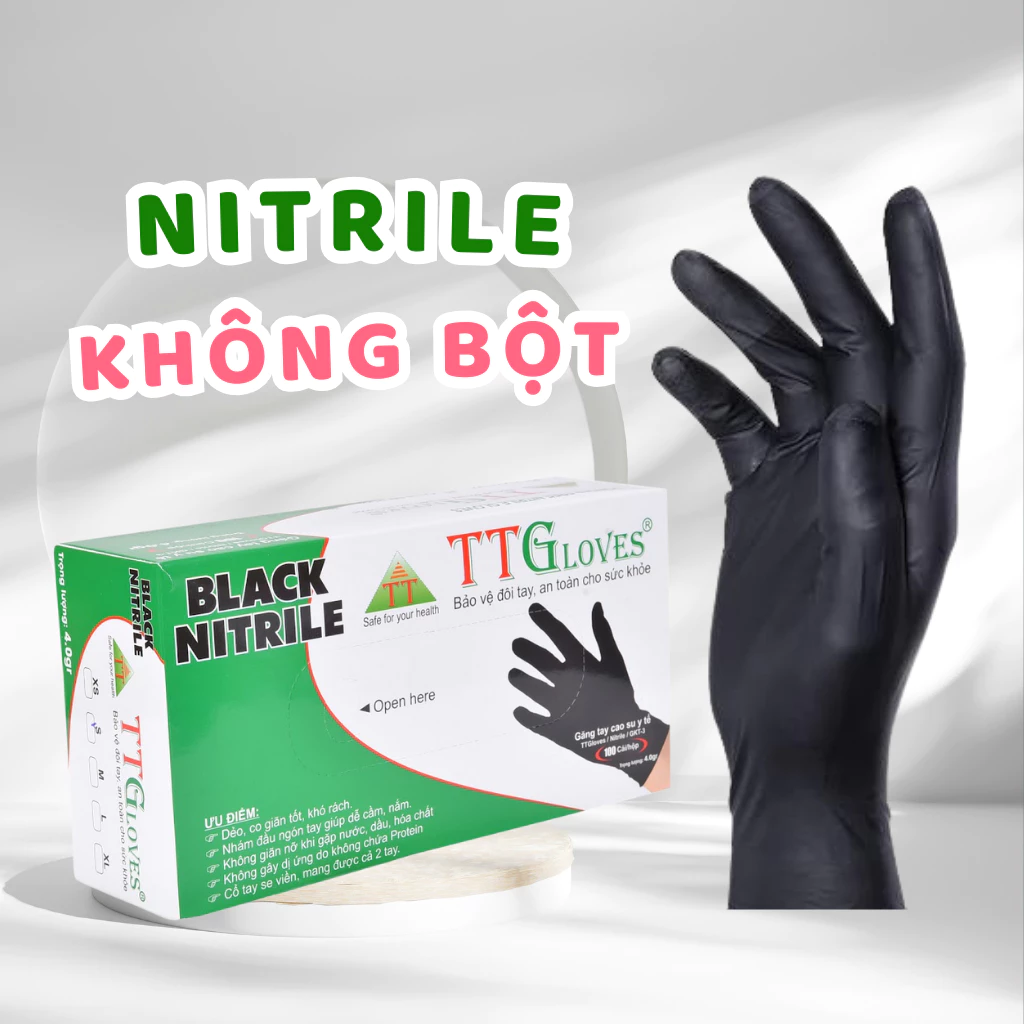  Găng Tay Cao Su Y Tế TTGLOVES Không Bột Nitrile Màu Đen Siêu Dai 4.0gr (Hộp 100 Chiếc) 