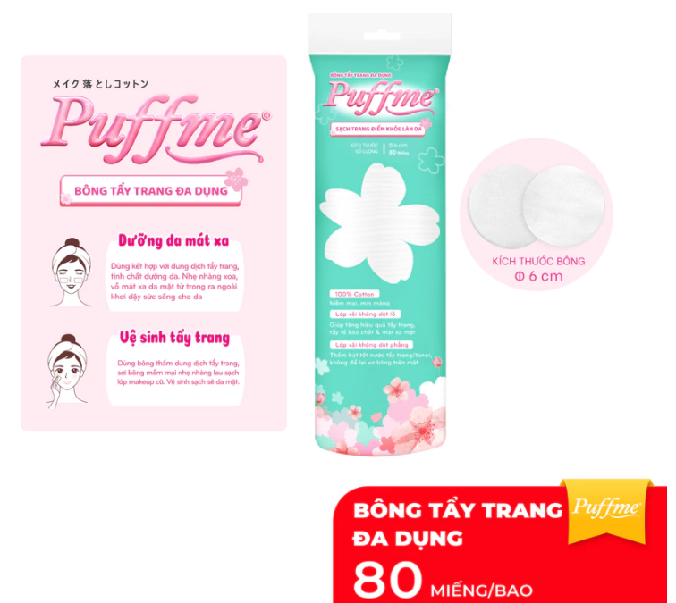  Bông Tẩy Trang Tròn PUFFME 80 Miếng/Bao 
