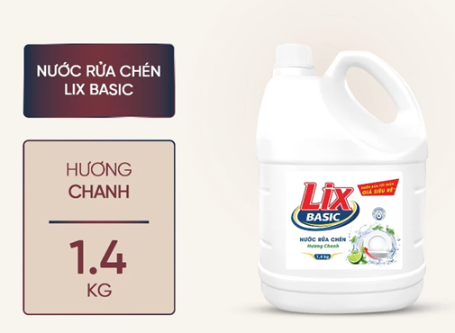  Nước rửa chén Lix Basic hương chanh 1.4kg - sạch dầu mỡ nhanh chóng 