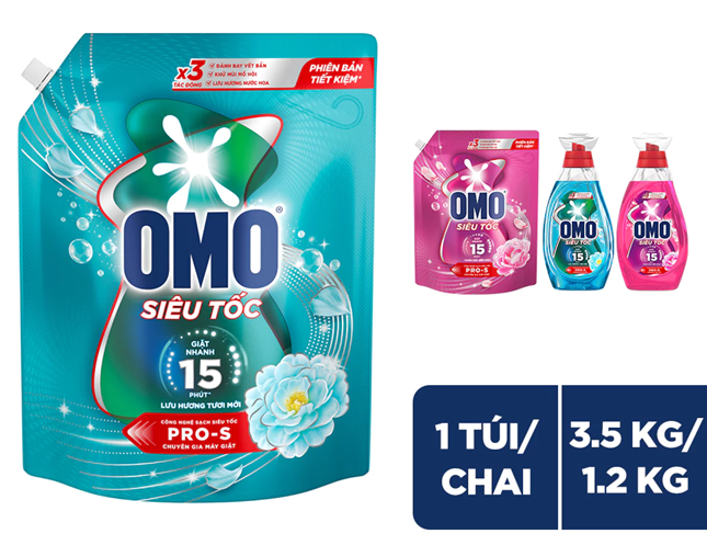  Nước giặt Omo Siêu Tốc đầu tiên tại Việt Nam, được thiết kế riêng cho chu trình giặt nhanh Chai 1.2KG-Túi 3.4KG 
