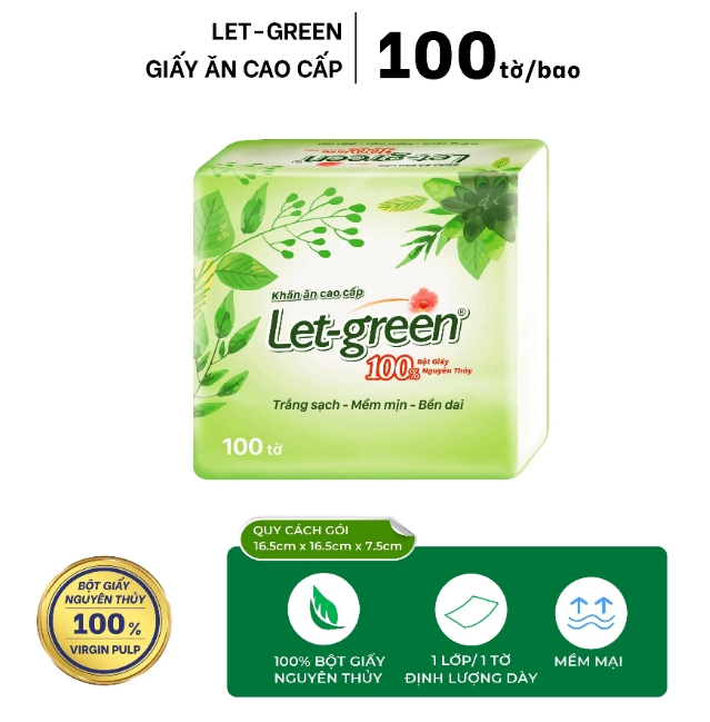  Khăn Giấy Ăn Cao Cấp LET-GREEN Bao 100 Tờ (Bột Giấy Nguyên Thủy, Mềm Mại, Bến Dai) 