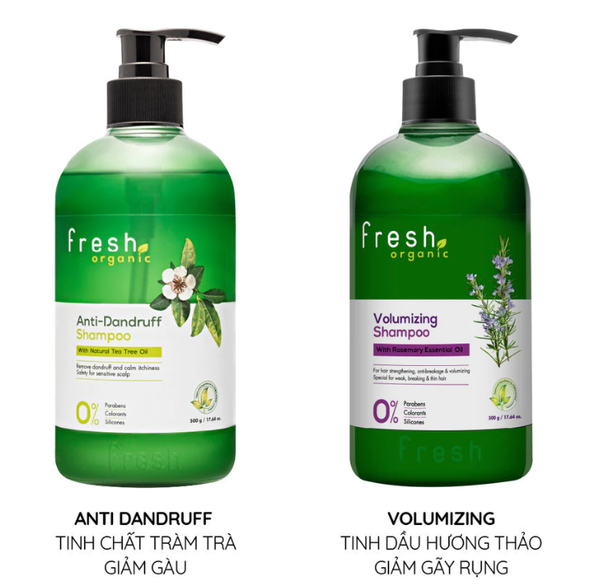  Dầu Gội FRESH ORGANIC Tinh Chất Tràm Giảm Gàu (Anti Dandruff) / Tinh Chất Hương Thảo Giảm Gãy Rụng (Volumizing) 500g 