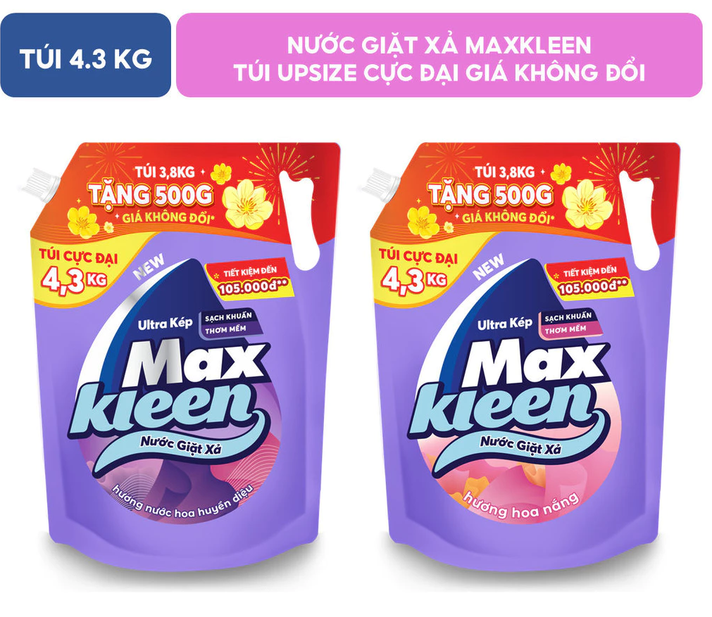  [TẶNG THÊM 500G – GIÁ KHÔNG ĐỔI] Túi CỰC ĐẠI Nước Giặt Xả MaxKleen 4.3kg Hương Nước Hoa Huyền Diệu/ Hoa Nắng 