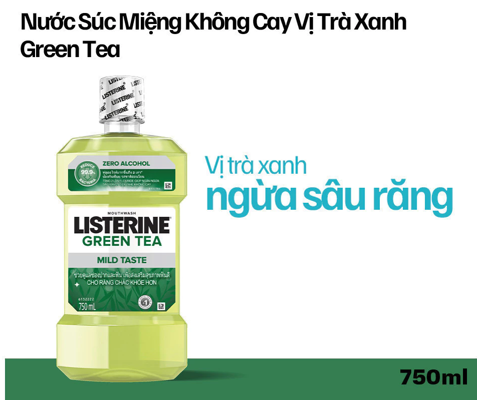  Nước Súc Miệng Ngừa Sâu Răng Vị Trà Xanh Không Cay Listerine Green Tea Zero Alcohol 750ml 