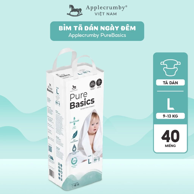  Bỉm tã dán ngày đêm Applecrumby Purebasics Diapers Tape size S - XL co giãn thoải mái 