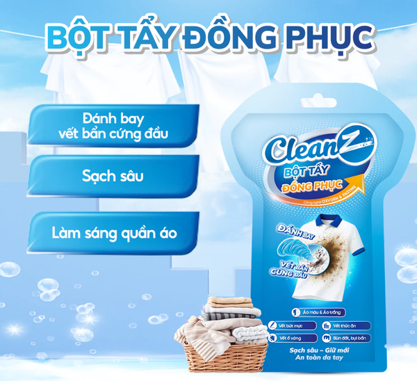 Bột Tẩy Đồng Phục CleanZ Đánh Bay Vết Bẩn, Ố Màu Giúp Làm Sạch Quần Áo Như Mới 