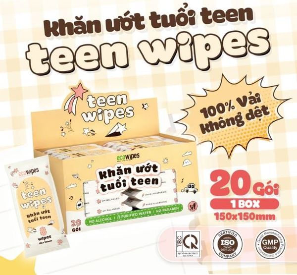  Hộp 20 gói khăn ướt mini size Teen EcoWipes gói 8 tờ không mùi 