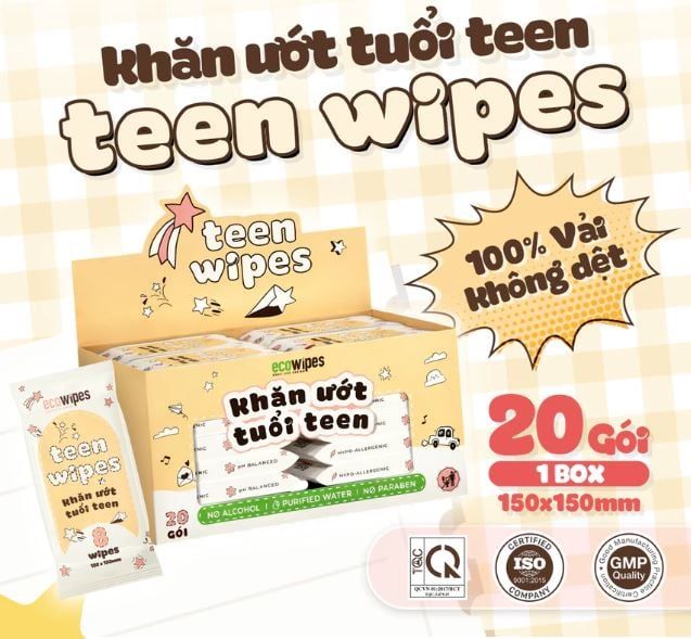  Hộp 20 gói khăn ướt mini size Teen EcoWipes gói 8 tờ không mùi 