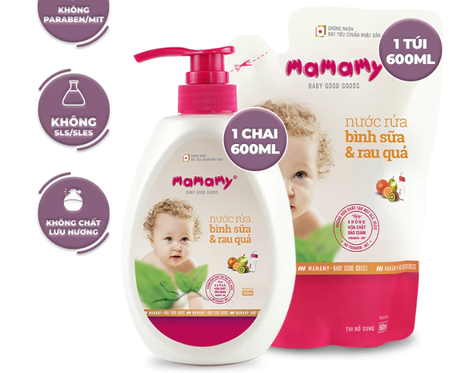  Nước rửa bình sữa Mamamy an toàn cho bé, rửa được rau củ quả thành phần thiên nhiên chai/túi 600ml 