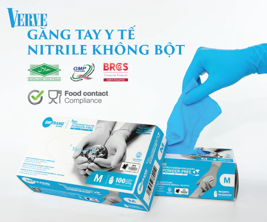  Găng tay y tế Không Bột MÀU XANH Sri Trang NITRILE VERVE 4.8g 100 chiếc/hộp 