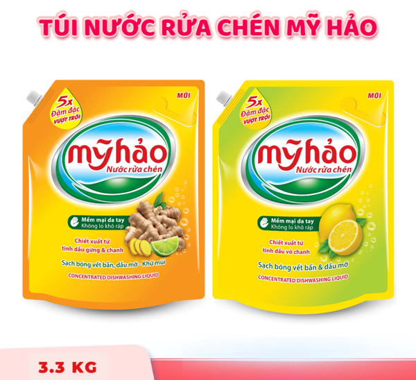  Nước Rửa Chén An Toàn Cho Da Và 5X Đậm Đặc Mỹ Hảo Khử Sạch Mùi Tanh Thực Phẩm Túi 3.3 KG 
