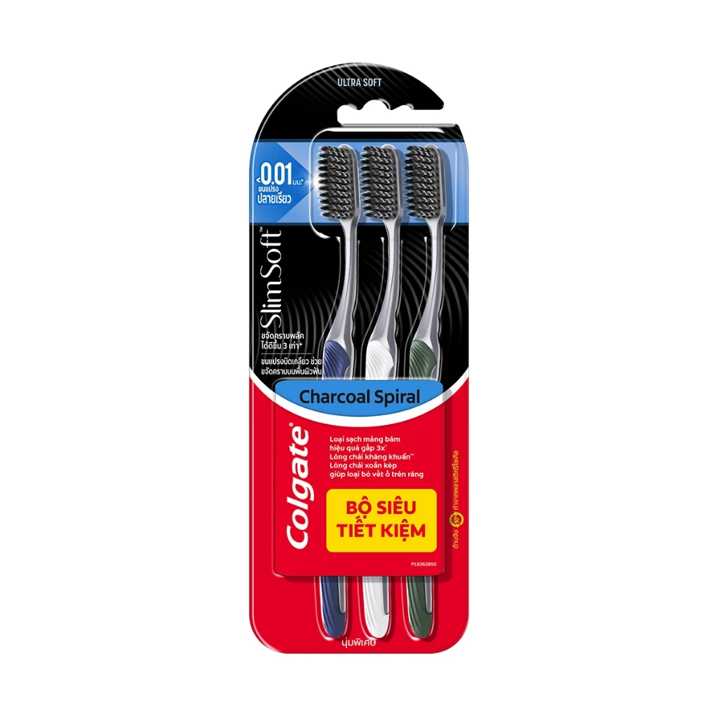  Bộ 3 Bàn chải Colgate Slim Soft Charcoal Spiral lông chải kháng khuẩn, xoắn kép loại sạch mảng bám 
