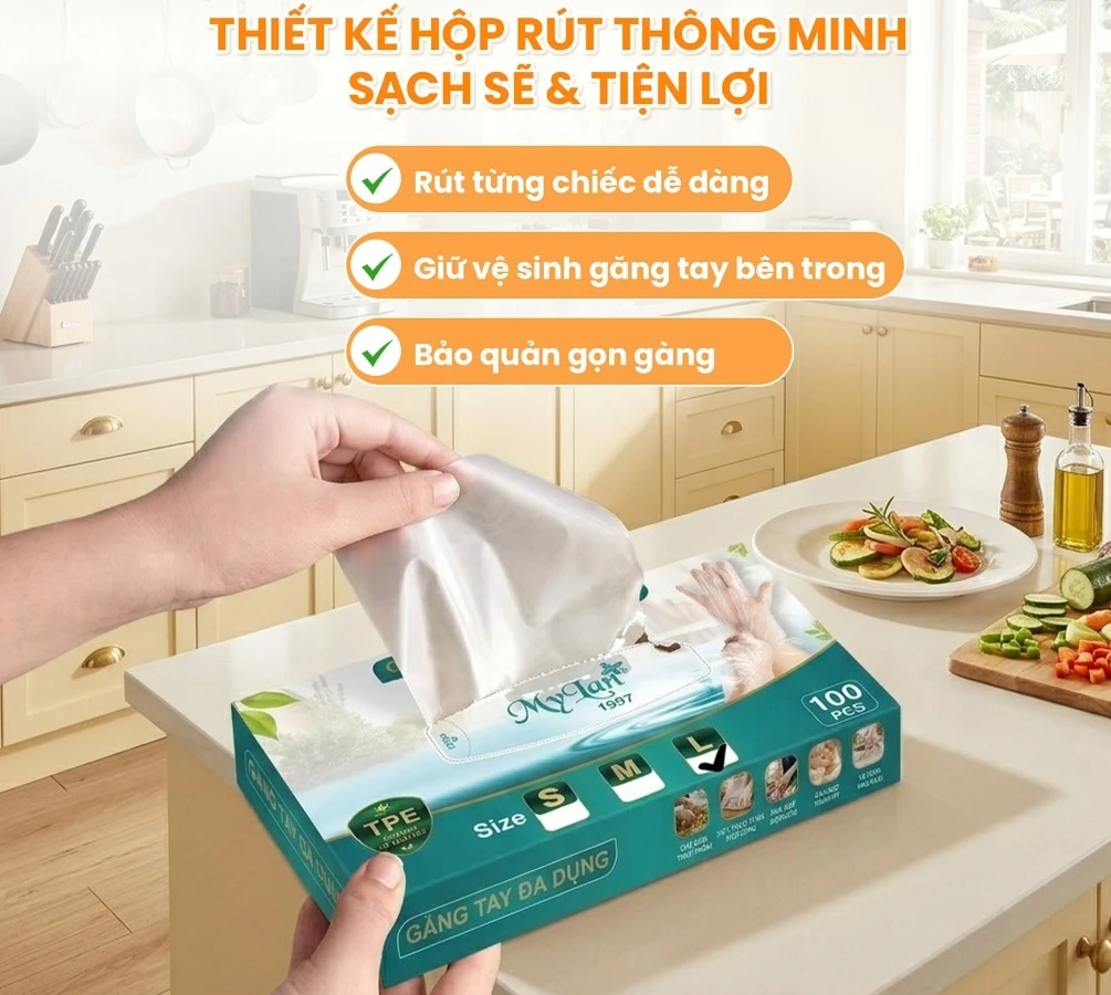  Hộp 100 Găng Tay Size L Đa Dụng TPE Mỏng Nhẹ, Dai Bền – Găng Tay Dùng 1 Lần Tiện Dụng, An Toàn 260 mm × 127 mm 