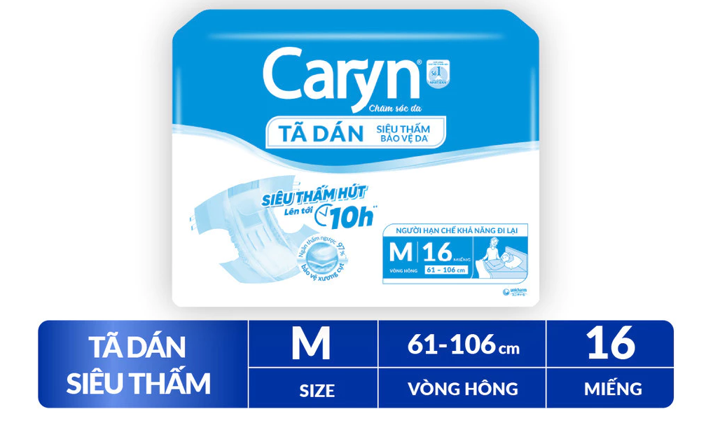  Tã/Bỉm dán người lớn siêu thấm Caryn dành cho người hạn chế khả năng đi lại Size M (10/20/40pcs) 