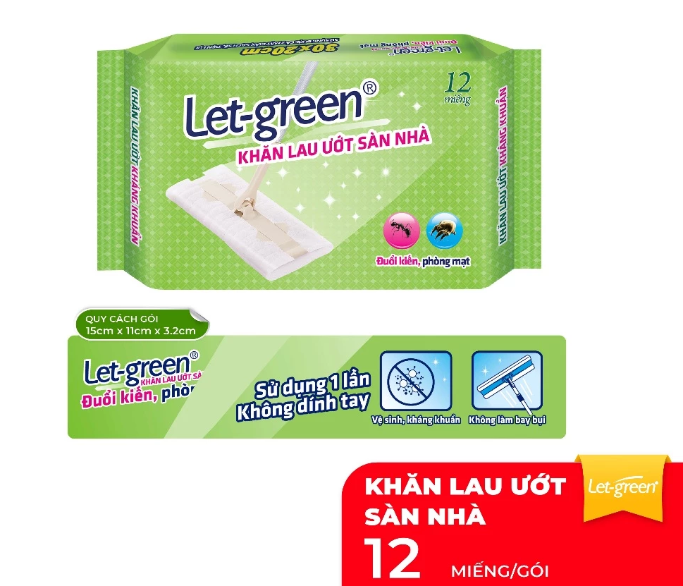  Khăn Ướt Lau Sàn LET-GREEN Kháng Khuẩn, Đuổi Kiến, Phòng Mạt 12 Tờ/Bao 