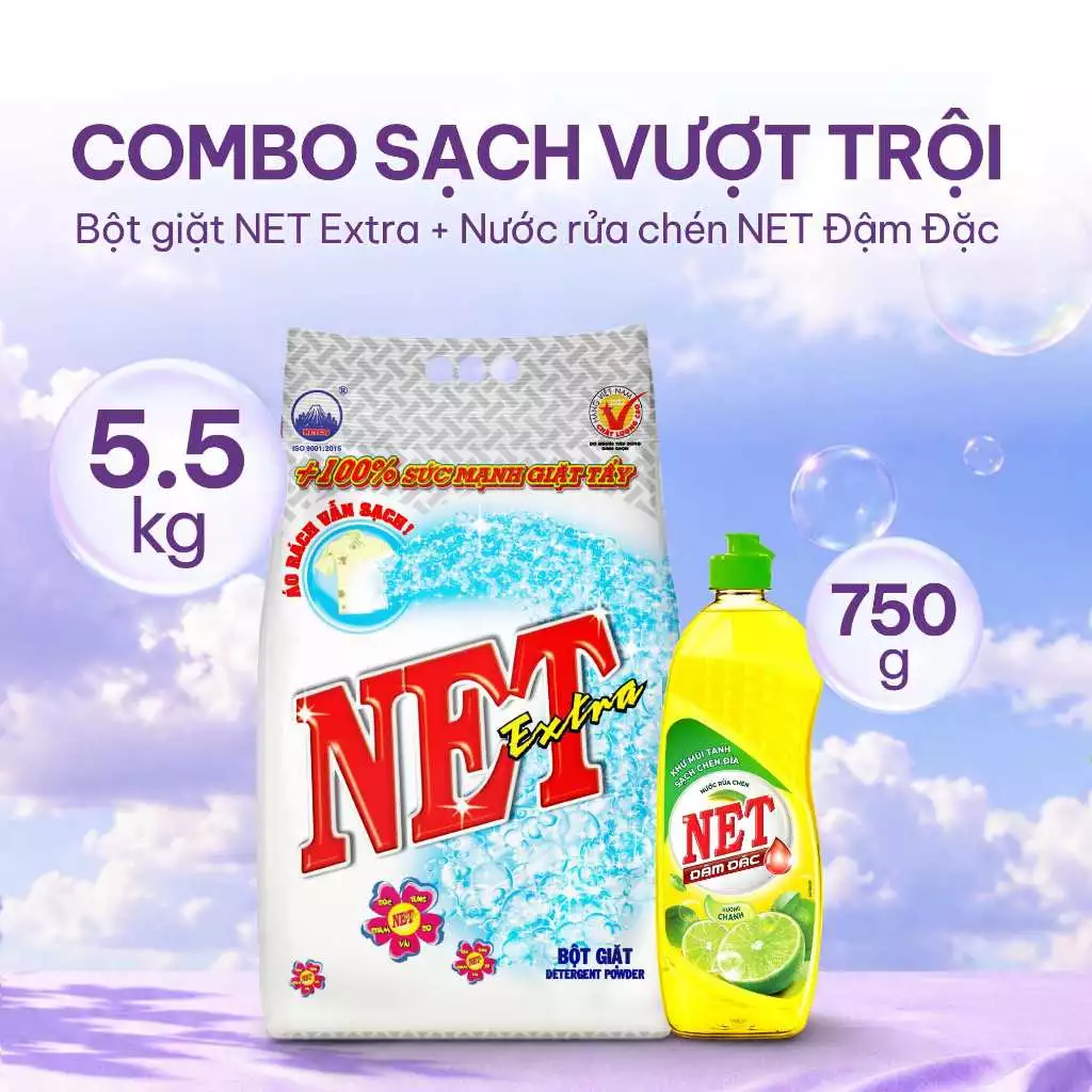  Bột giặt NET Extra bịch x 5.5kg + Nước rửa chén NET đậm đặc hương Chanh chai 750g 
