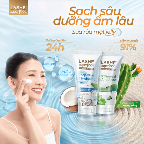  Sữa Rửa Mặt LASHE SUPERFOOD Sạch Sâu, Dưỡng Ẩm Cho Da Khô & Da Nhạy Cảm/Sạch Sâu, Giảm Mụn Cho Da Dầu 120G 