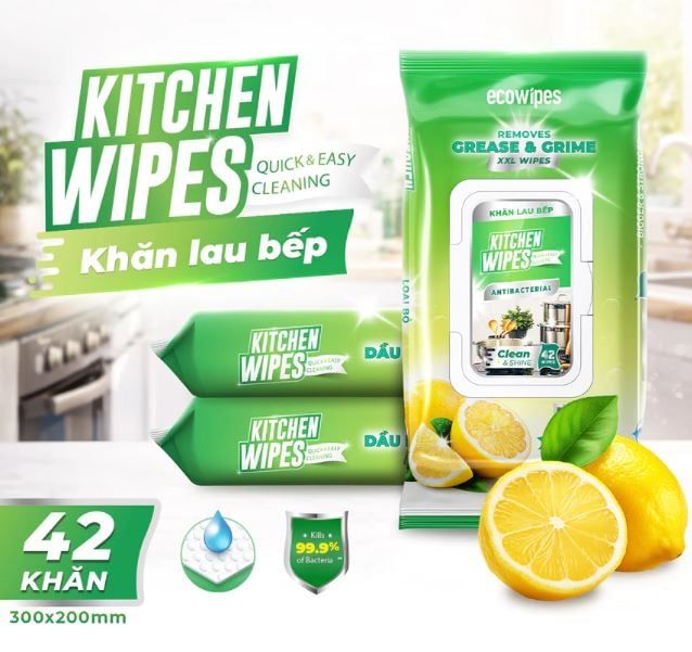  Khăn ướt lau bếp cao cấp Kitchen EcoWipes gói 42 tờ size lớn hương chanh 