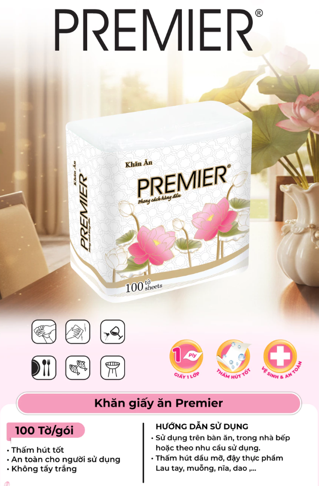  Khăn giấy ăn Premier 1 lớp - 100% bột giấy nguyên sinh, không chất tẩy, 100 tờ/gói 