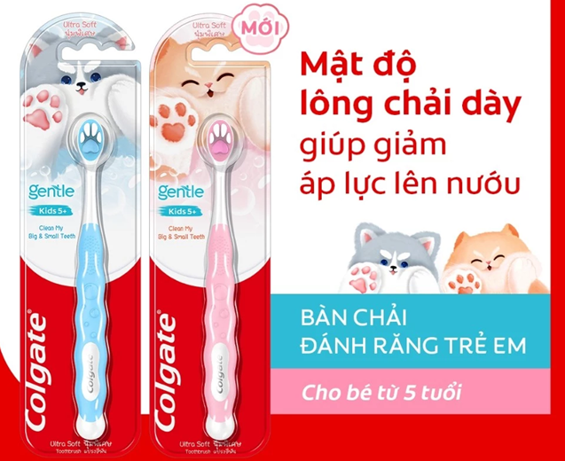  Bàn chải Colgate cho bé 5+ tuổi Fluffy Paw họa tiết thú cưng đáng yêu, lông chải siêu mềm 