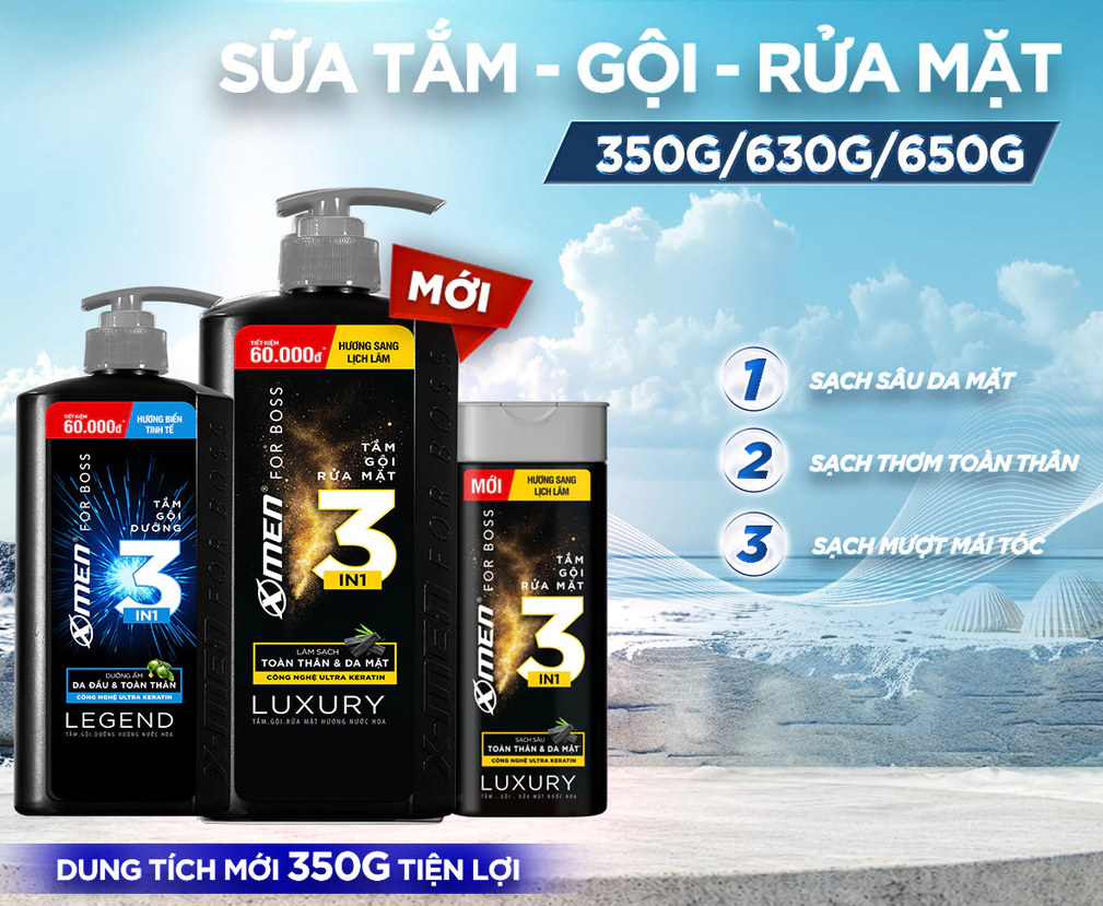  Tắm Gội Rửa Mặt XMen for Boss 3in1 Luxury 630g 350g / Tắm Gội Legend 630g / Intense 650g Hương Nước Hoa Châu Âu 
