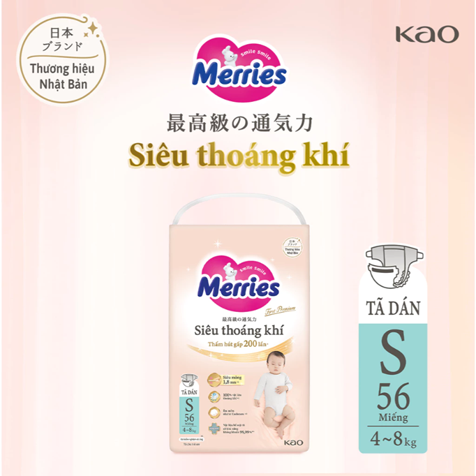  Tã Dán Merries Siêu Thoáng Khí Size S - 56 miếng (dành cho bé 4 - 8kg) 