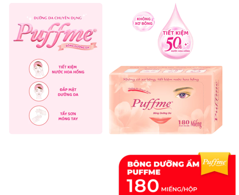  Bông Đắp Toner Dưỡng Da PUFFME Airlaid 180 Miếng/Hộp Tiết Kiệm Tối Đa Nước Hoa Hồng 