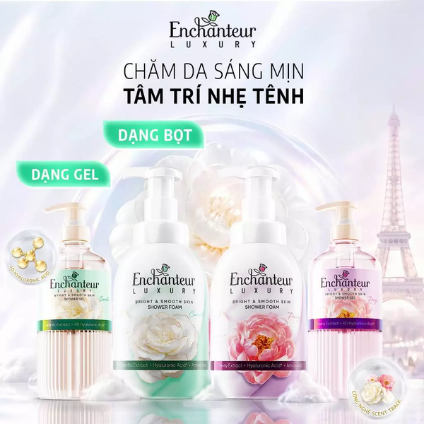  Gel/Bọt Tắm Cao Cấp Enchanteur Luxury Dưỡng Da Sáng Mịn Chứa Chiết Xuất Hoa Trà/ Hoa Mẫu Đơn + 4D Hyaluronic Acid 400-450ml 