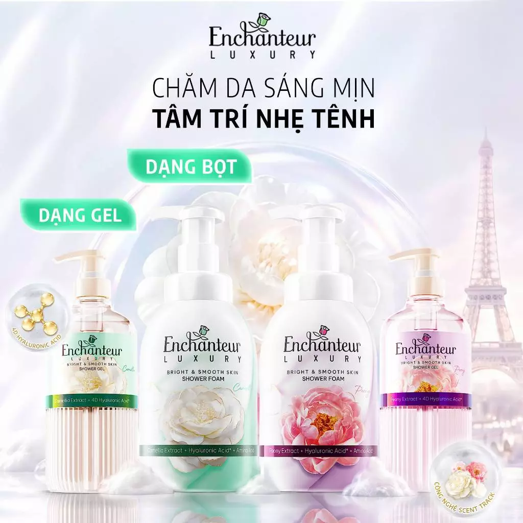  Gel/Bọt Tắm Cao Cấp Enchanteur Luxury Dưỡng Da Sáng Mịn Chứa Chiết Xuất Hoa Trà/ Hoa Mẫu Đơn + 4D Hyaluronic Acid 400-450ml 