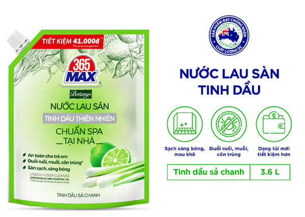 Túi Nước Lau Sàn 365 Max Botany Tinh Dầu Sả Chanh 3.6 Lít Làm sạch bóng sàn nhà, an toàn cho da bé 