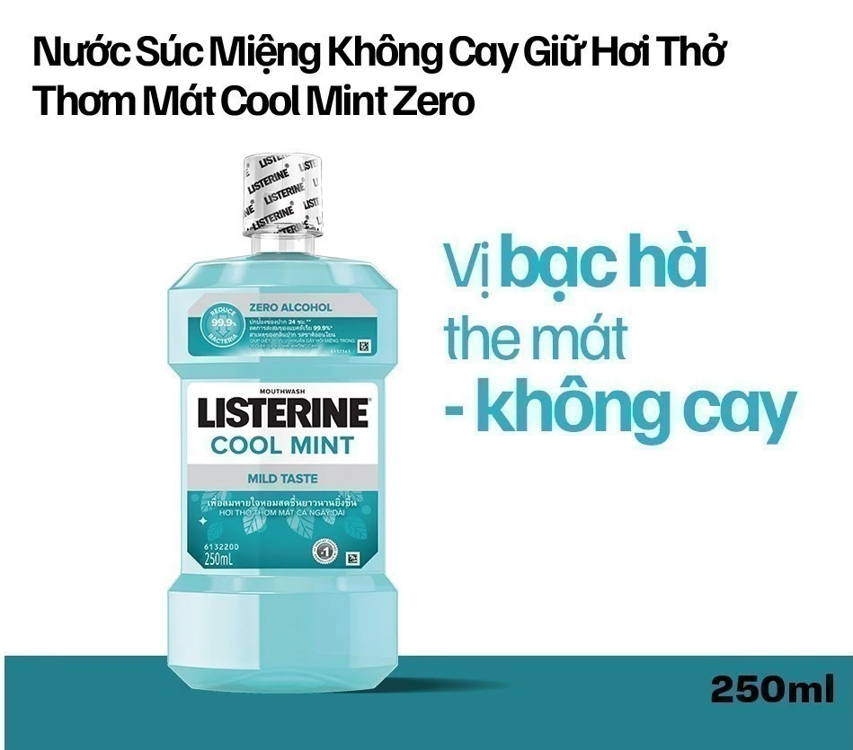  Nước súc miệng không cay giúp hơi thở thơm mát Listerine Cool Mint Zero Alcohol 250ml 