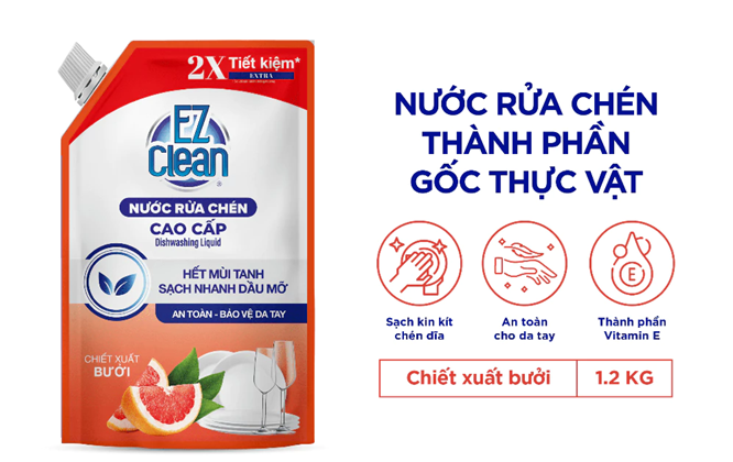  Túi Nước Rửa Chén Bát Gốc Thực Vật EZ CLEAN 1,2kg - Sạch nhanh dầu mỡ, mùi tanh, dịu nhẹ cho da tay 