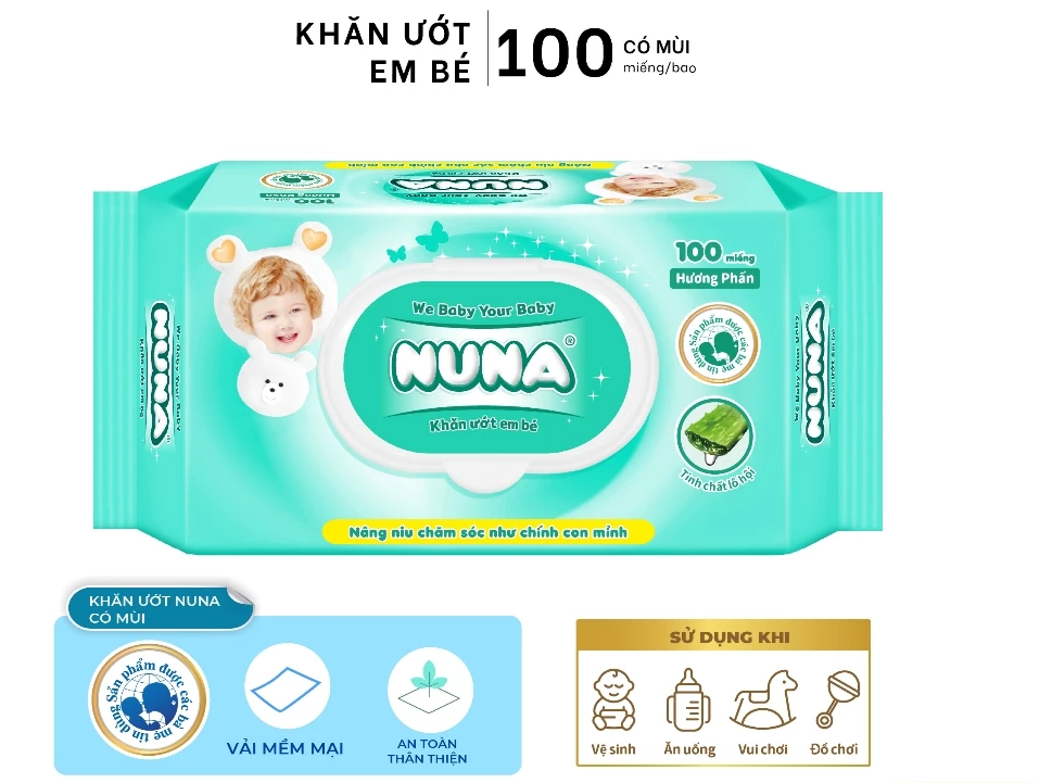  Khăn ướt cho bé Nuna 100 tờ hương phấn - Vải rayon mềm dai - tinh chất lô hội - an toàn vệ sinh cho bé 